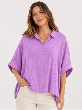 Zenana Purple Cotton Gauze Oversized Button Down Top L/XL NWOT